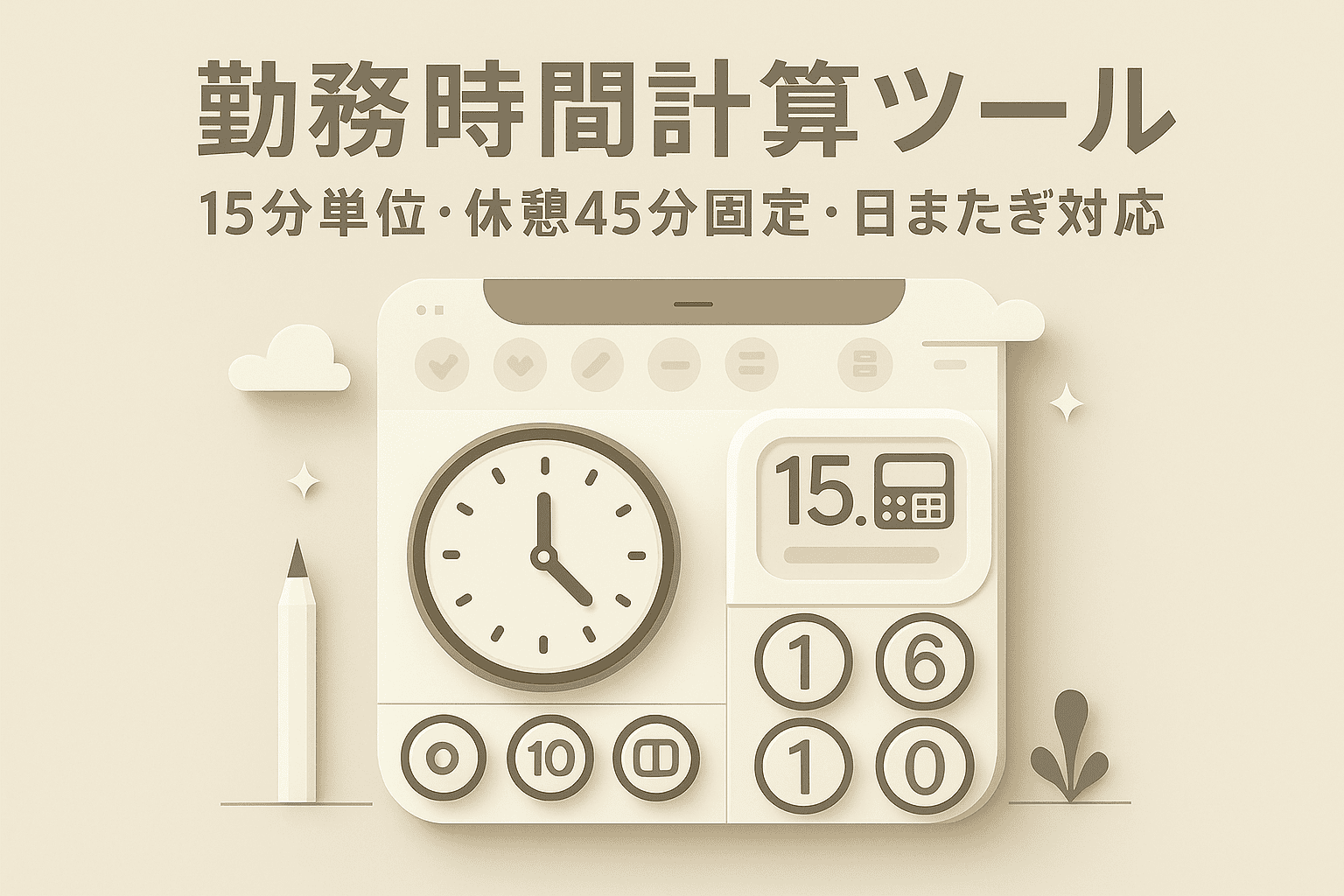 勤務時間計算ツール, 15分単位, 休憩45分固定, 日またぎ対応